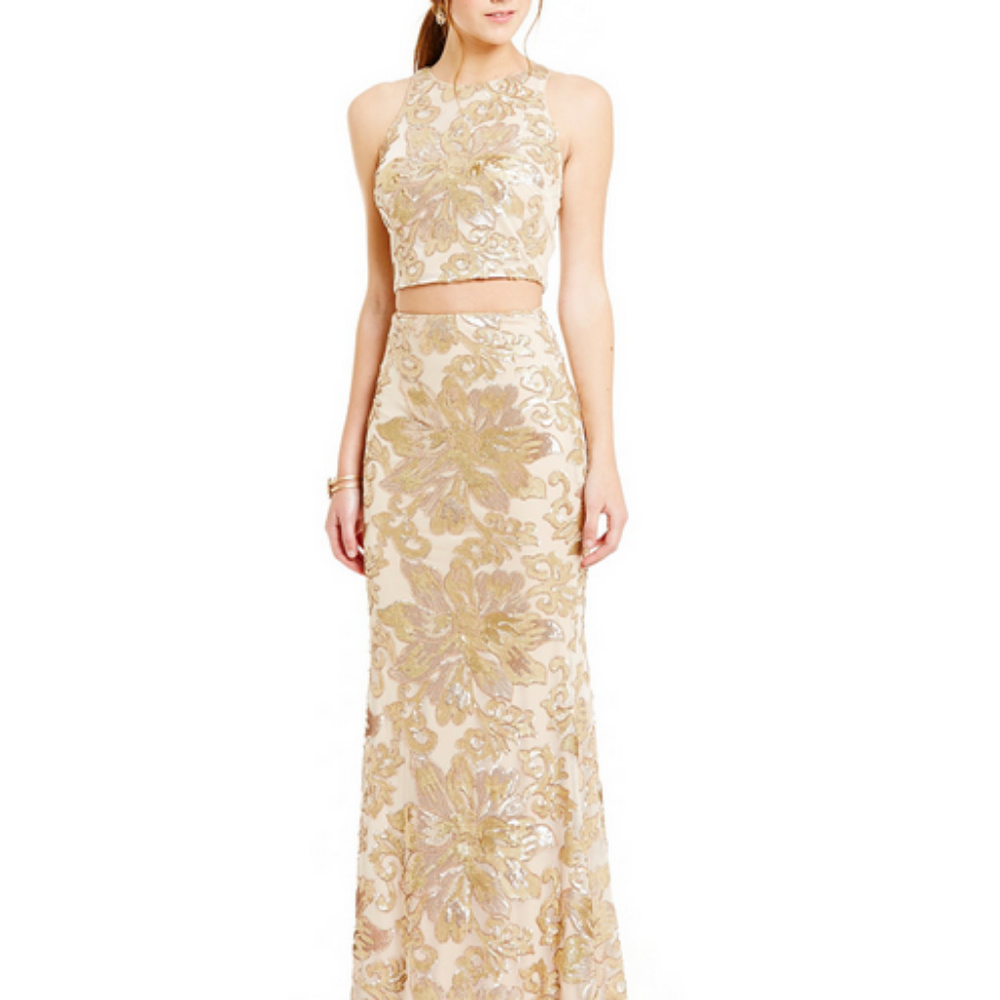 Badgley Mischka Belle Gold Floral Sequin Dress